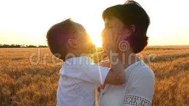一位快乐的<strong>母亲</strong>在夕阳的背景下亲吻一个<strong>抱</strong>着他在麦田里的<strong>孩子</strong>