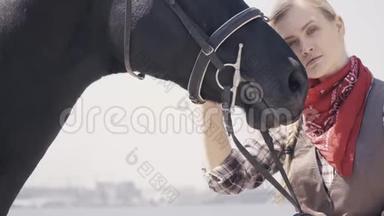 阳光明媚的一天，一个年轻的女人正在抚摸她的黑马，4k