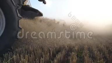 谷物收割机在田间工作。 将收集成熟小麦的作物和抛撒稻草结合起来。 收获概念