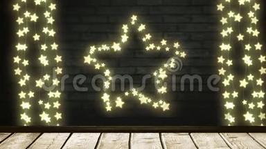 在砖墙背景上闪烁的星星和一串串的仙女灯