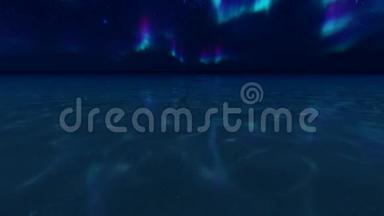 灯光背景下的北极光海洋。 冬夜景观，北极光，北极光.. 北部冬季