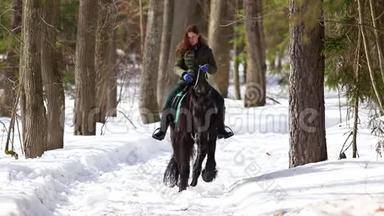 晚冬。 天气晴朗的时候，一个女人骑着马在森林里的雪地上散步