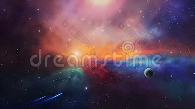 太空场景。 两艘小宇宙飞船在五颜六色的星云中与行星一起飞行。 美国宇航局提供的元素。 3D绘制