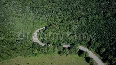 空中景色飞越森林道路，汽车移动着两边茂密树林的绿树