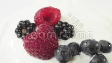 新鲜健康食品。 蓝莓落入酸奶与覆盆子和黑莓。 鲜果溅在鲜奶油里。