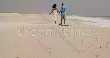 非裔美国人夫妇手牵手在海滩散步的后景