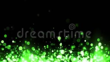 背景有闪亮的绿色粒子。 漂亮的bokeh光背景。 闪闪发光的上升粒子。 绿色的纸屑闪闪发光