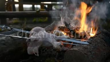 在夏令营的营火上晚上煮鸡腿。