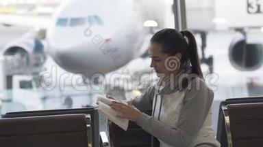漂亮的女孩坐在机场休息室，在窗外的飞机背景上看书
