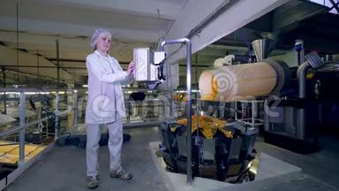 工厂工人用一台机器控制一<strong>条带</strong>马铃薯薯片的生产线。
