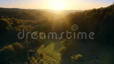 壮观的日出覆盖绿色景观，空中镜头