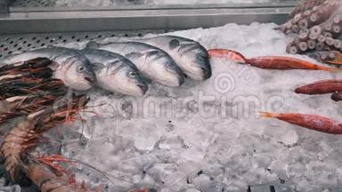 餐厅有鱼菜单。 虾、鱼、章鱼在鱼餐厅的柜台上。 在柜台上吃鱼。 鱼靠近视野。
