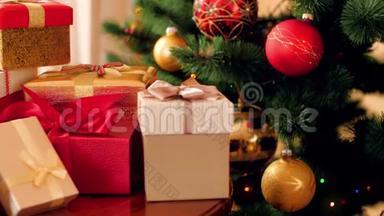 四K视频美丽的圣诞树与鲍布和许多礼物和礼物，从圣诞老人为儿童。 完美完美完美