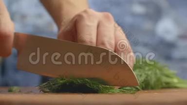 在厨房的一块木板上，用木板把绿色的子切好。 割草和绿化。