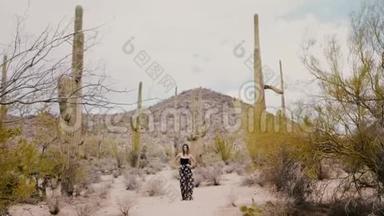 <strong>大气</strong>宽镜头，美丽的年轻女子穿着礼服在风中飘扬摆姿势在<strong>史诗</strong>般的仙人掌国家公园亚利桑那州。