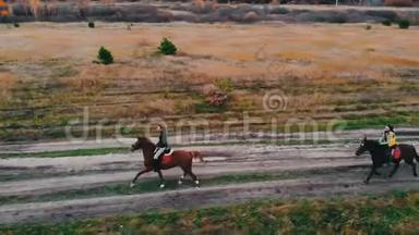 两匹骑着马的马背着水坑在路上疾驰