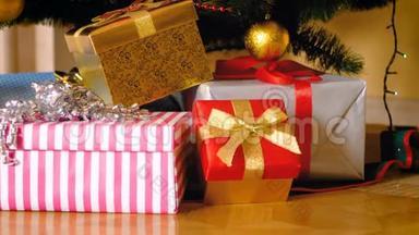 客厅圣诞树下的一大堆圣诞礼物和礼物盒的特写4k全景视频