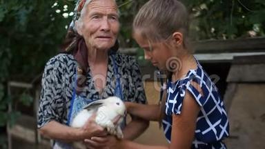 祖母小心翼翼地把手交给一只白兔的孙女。 女孩小心翼翼地拥抱动物。 夏季