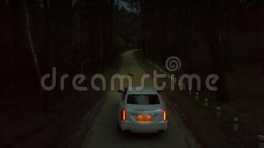 从无人驾驶白车向后看，车灯在穿过绿色森林的夜间道路上行驶
