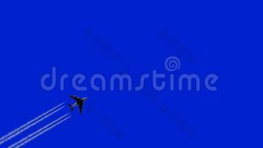 飞机苍蝇离开小径，3D动画在蓝色背景。 4k，超<strong>高清</strong>3840x2160