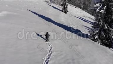 一个孤独的<strong>游客</strong>走过山林中的雪。 冬天白雪皑皑的<strong>森林</strong>里的旅行者带着一只鸟`眼睛