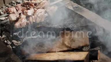 花园烤架上的烤串。 肉被刺上一口唾沫，用木炭烤.. 烧烤架