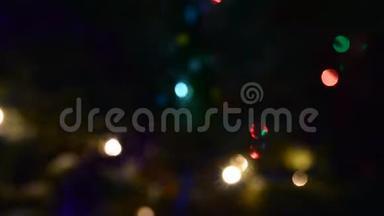 明亮的灯光点缀着五颜六色的灯光，在夜晚的黑暗中闪烁，新年在喜庆的杉树上。