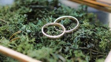两个金色结婚戒指在苔藓上的玻璃金属盒子。 4k近距离<strong>变焦镜头</strong>