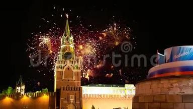 莫斯科克里姆林宫和烟花庆祝胜利日庆祝二战，红场，莫斯科，俄罗斯