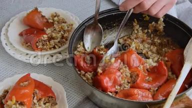 准备吃肉末、米饭和蔬菜的红椒馅