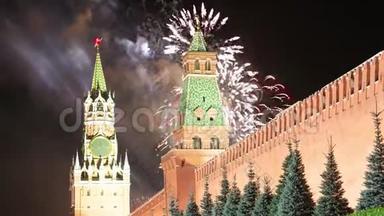 莫斯科<strong>克里姆林</strong>宫和烟花庆祝胜利日庆祝二战，红场，莫斯科，俄罗斯