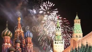 莫斯科克里姆林宫和烟花庆祝胜利日庆祝<strong>二战</strong>，红场，莫斯科，俄罗斯