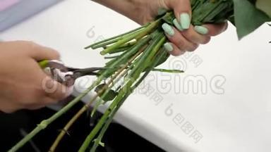 花<strong>店</strong>里的女花匠用子剪玫瑰茎，<strong>双</strong>手。