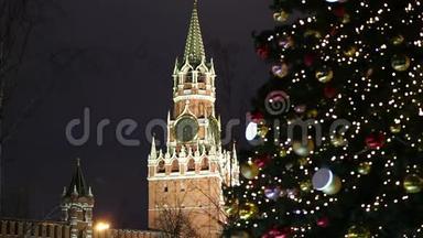 圣诞节新春佳节俄罗斯莫斯科夜景装饰——斯帕斯卡亚塔。
