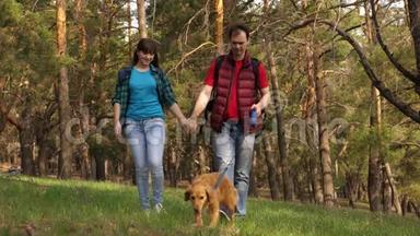 饲养员带着一只狗和一个成年女儿在散步。 一家人和一只狗在树林里旅行。 旅行者爸爸，女儿
