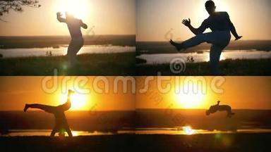 在美丽的夏日日落的背景下，运动员表演卡波伊拉舞，表演一次艰难的跳跃