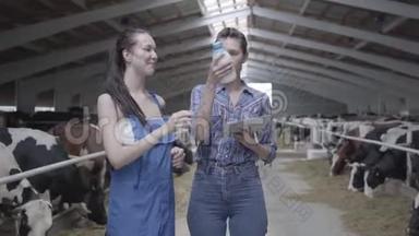 两个漂亮的女工在奶牛场检查牛奶瓶子的质量。 一个女孩手里拿着平板电脑