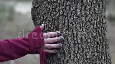年轻女子慢动作触摸一棵树