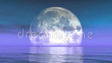 满月在水上，倒影在海上，科幻场景，紫色的云和烟雾飞翔。
