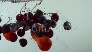不同的美味水果在白色背景下缓慢地<strong>落入</strong>水中。 蓝莓草莓樱桃