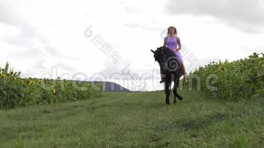 一个穿着紫丁香裙子的女人骑着马在田野上