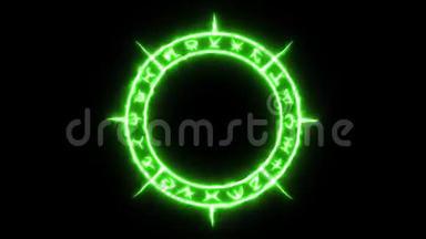 旋转白色神秘圈与神秘符号与脉冲绿光在无缝环