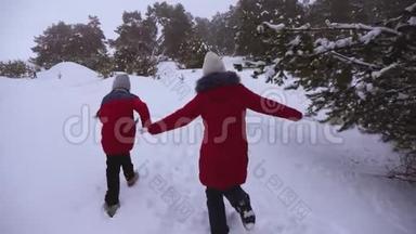 在寒冷的冬天，快乐的孩子们在松林公园里沿着下雪的冬天的路跑步是很有趣的。 青少年玩追赶游戏