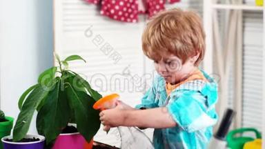 男孩在花盆里喷花。春天的概念，自然与关怀。小孩爱护植物。种花。生长植物