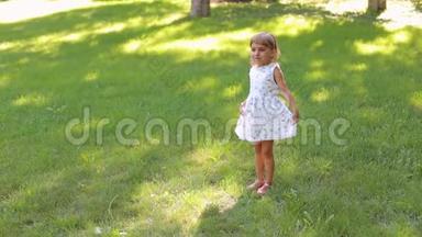 一个可爱的五岁小女孩在<strong>绿草</strong>丛中的<strong>夏日</strong>公园里的画像