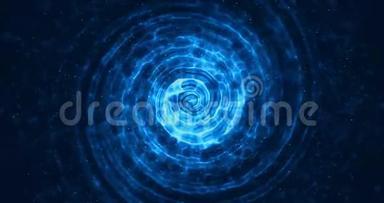 抽象的<strong>同心</strong>线移动数字闪光火花蓝色粒子，圆圈形状流动蓝色背景