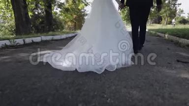 新郎新娘在公园散步。 <strong>新婚</strong>夫妇。 家庭幸福。 <strong>新婚</strong>夫妇