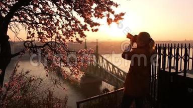 从布达佩斯Gellert山的<strong>露台</strong>上拍摄城市<strong>景观</strong>和多瑙河上的自由桥