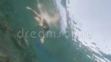 年轻女子在清澈的海水中潜水。 女人在透明的海水中戴眼镜浮潜。 水下