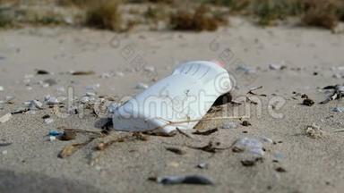 年轻人在海边捡塑料<strong>垃圾</strong>，<strong>清理</strong>生态系统污染